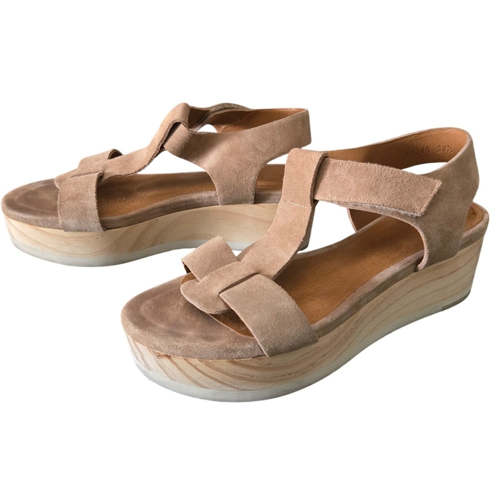 Coclico Suede Platform Sandals 37.5 Tan Leather Comfort Wedge Minimalist - Picture 2 of 12